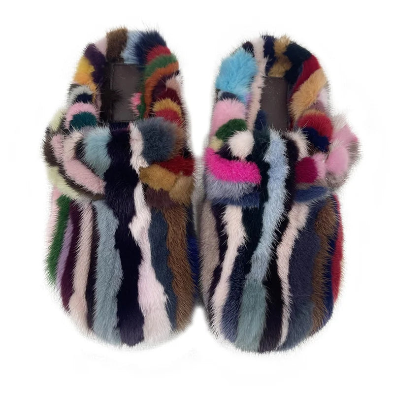 Mule Slippers Mink Fur Slides Comwarm Fashion Women Clogs Cork Insole Fur Slippers with Arch Support Outdoor Slides Home Shoes