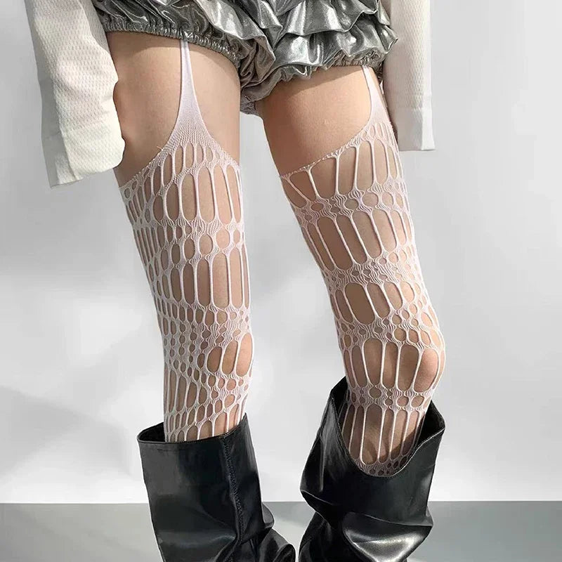 Women Sexy Lace Fishnet Stockings Hollow Out Solid Pantyhose Irregular Exposed Skin Tights Slim Suspender Pantyhose