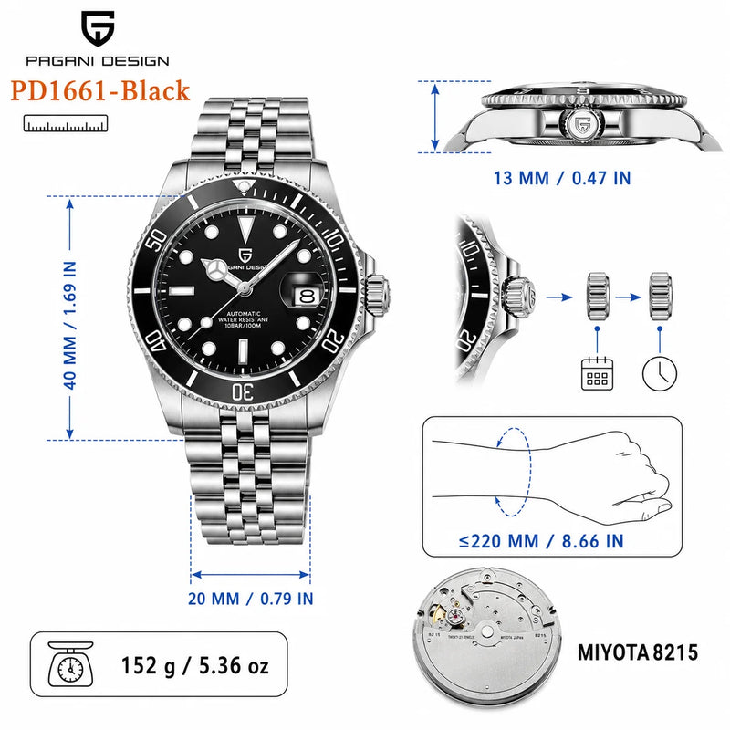 PAGANI DESIGN Men Watches Automatic Watch Mechanical Sapphire Glass Stainless Steel Luminous Date Luxury - Visuel 18 | SAMAG