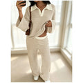 Autumn New Fashion Knitted Striped Lapel Long-sleeved Two-piece Set Slim + Casual High-waisted Wide-leg Pants 2 piece Set Female