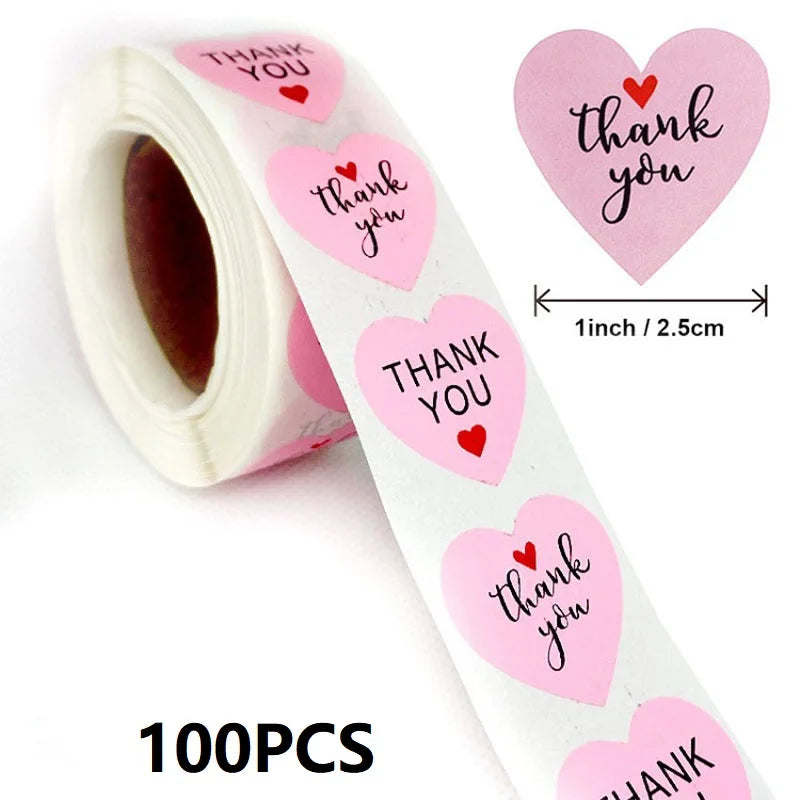100-500PCS Thank You Stickers New Rolling Merci Stickers for Business Packaging Home Made Love Heart Shaped Sticker