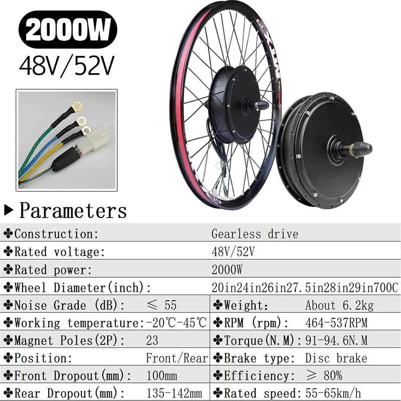 48V52V 2000W Electric bike Conversion Kit Brushless Gearless Rear hub Motor Wheel 20-29inch 700C MTX39 Rim for E Bike Kit