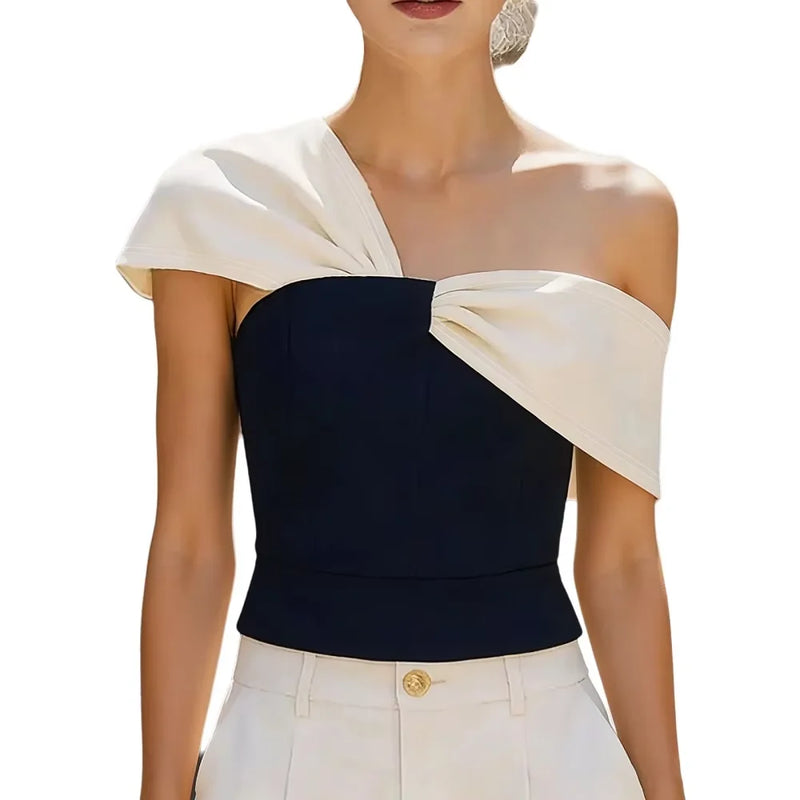 Chic One Shoulder Twisted Color Block Navy White Slim Fit - View 6 | SAMAG