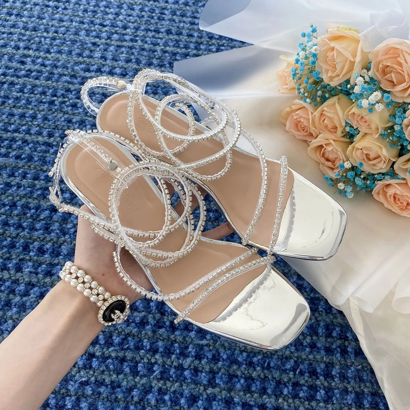 Sandals for Woman Rhinestones Summer 2025 Sexy Open Toe Footwear Thin Heels Women's Shoes Diamond Party Weddings Stiletto Sandal