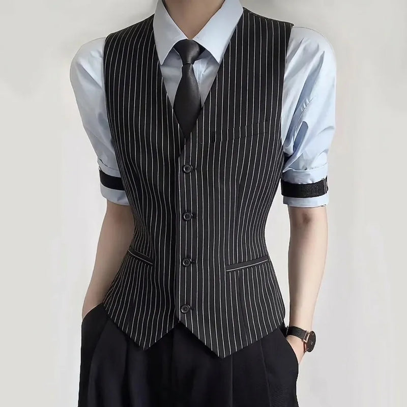 Classic Striped Suit Vest for Men V-neck Bar KTV Bartender Vest Slim Fit Casual Business Wedding Groom Social Uniform Waistcoat