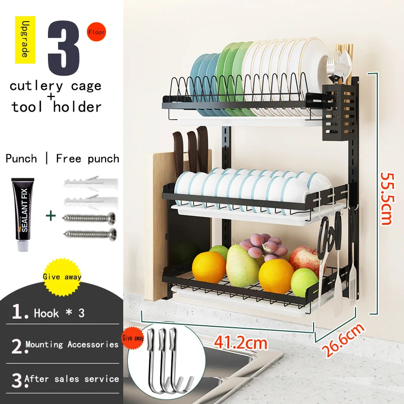 With Water Tray Stainless Steel Black Wall - mounted Three - layer Kitchen Dish Drying Rack - View 7 | SAMAG