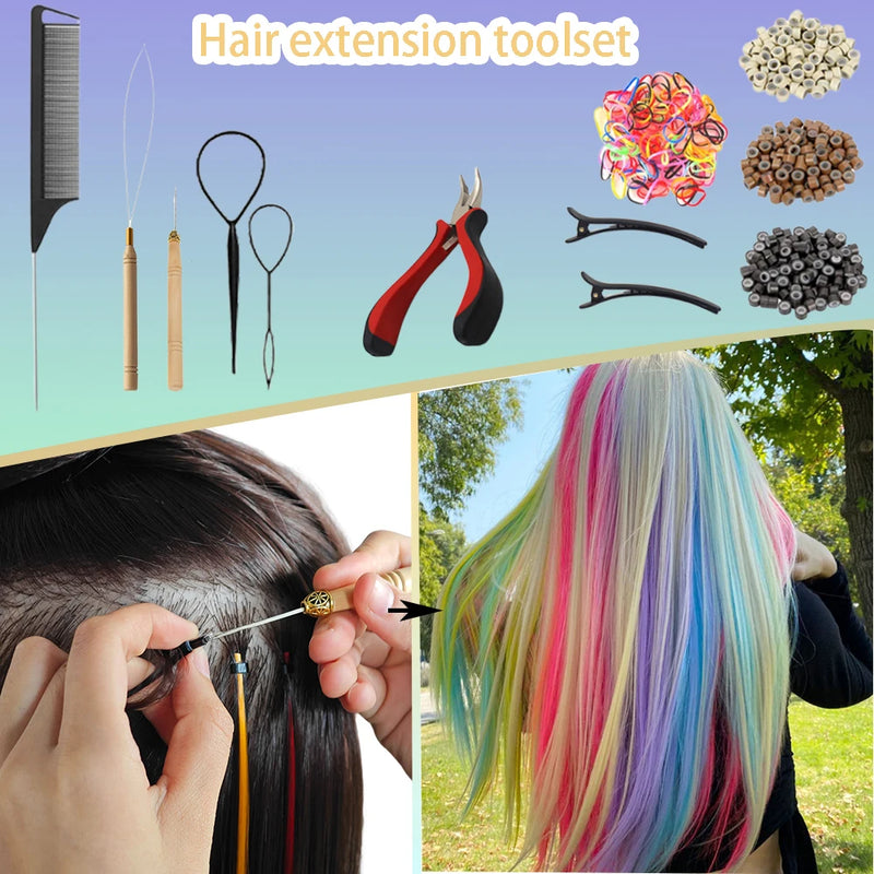 48Pcs Women's Colorful Synthetic Hair Extensions Set 38 Colors Tinsel Wig 26 Colors Feather Extensions Tool Kit for Hairdressing