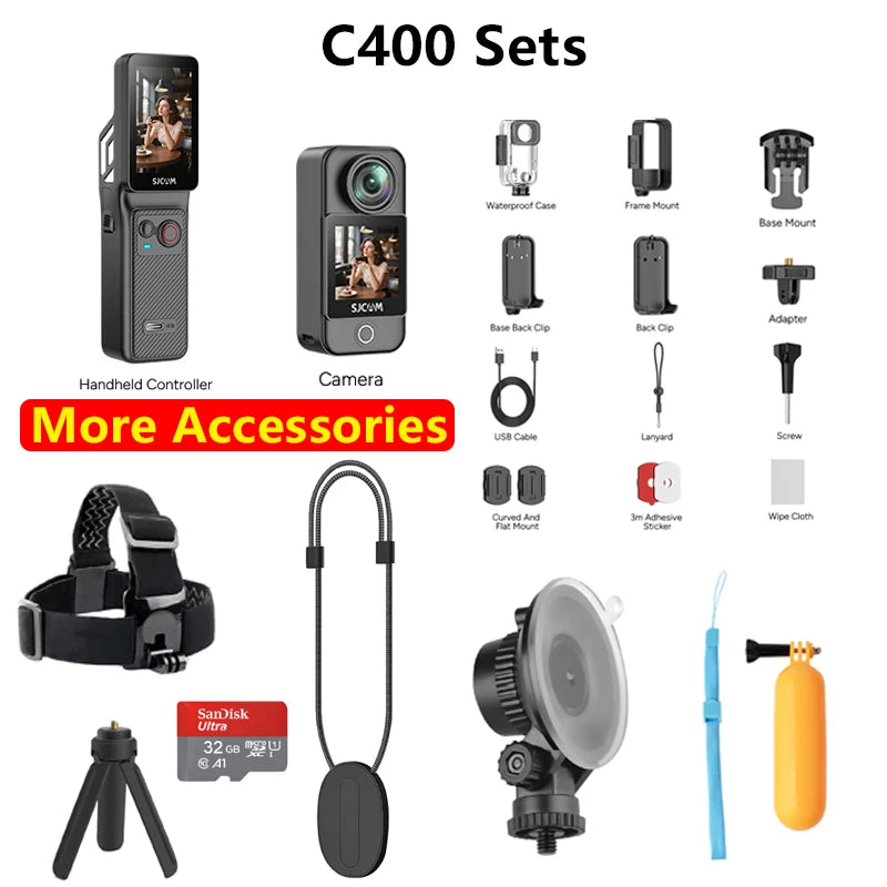 SJCAM C400 Action Camera Combo Best Sport DV Video 4K 7H Battery Life Dual Touch Screen Vlog Camera with Accessory Kits Gifts