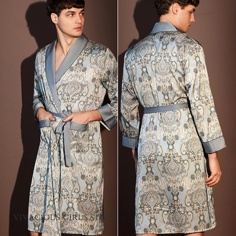 New Men's 3PCS Robe Sets Pajama Ice Silk Rayon Kimono Gown Bathrobe Loungewear Loose Print Home Clothes Nightwear Male Sleepwear