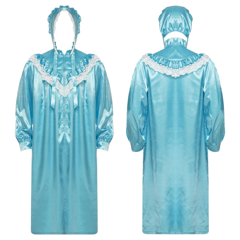 Men Satiny Gothic Victorian Nightgown Robe with Hat Set Lace Trim Long Sleeve Sleep Dress And Lace-up Bonnet for Pajamas Party
