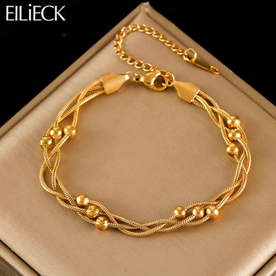 EILIECK 316L Stainless Steel Beads Wound Chain Bracelet for Women Charm Metal 18 K Plated Trendy Golden Unique Design | SAMAG