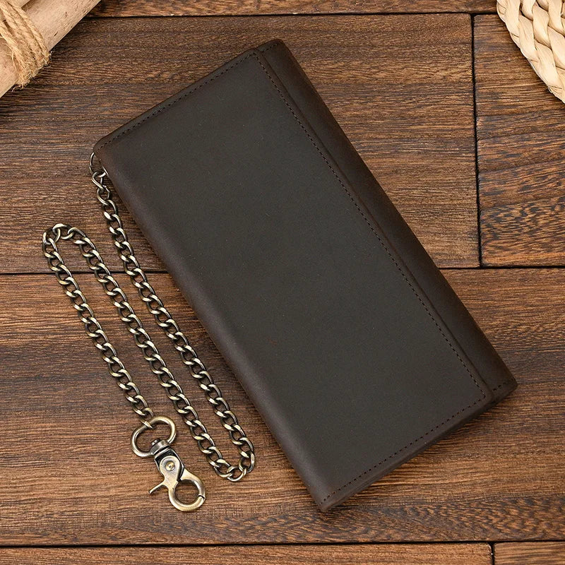 Men's Vintage Crazy Horse Leather Chain Wallet Genuine Leather Bifold Long Wallet Snap Card Holder Purse Zipper Coin Rfid Pocket