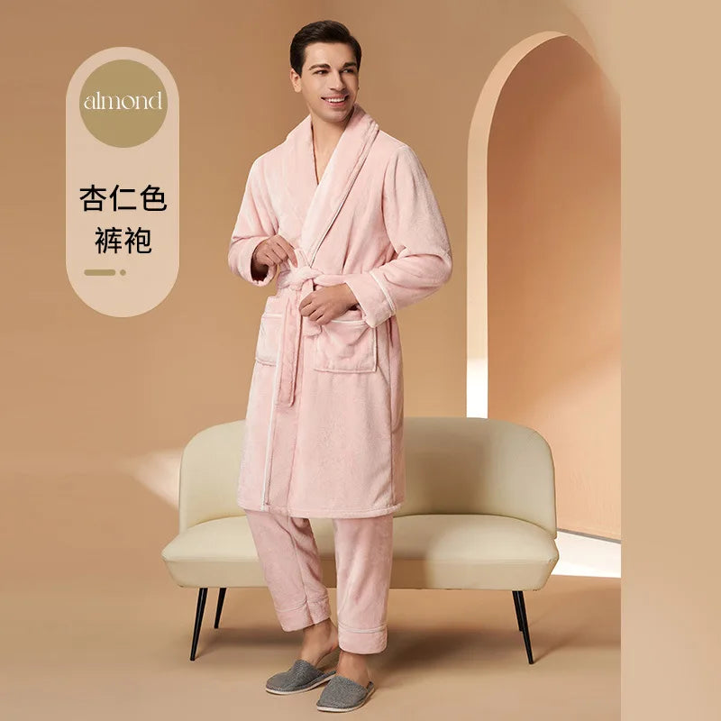 Flannel Couple Robe And Pant Set Warm Autumn Winter Thick Coral Fleece Pajamas Women's Bathrobe Men's Sleepwear Loose Home Cloth