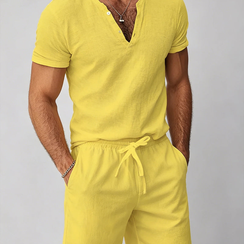 Men's Cotton Linen 2-Piece Set V-Neck Henley T-Shirt | SAMAG
