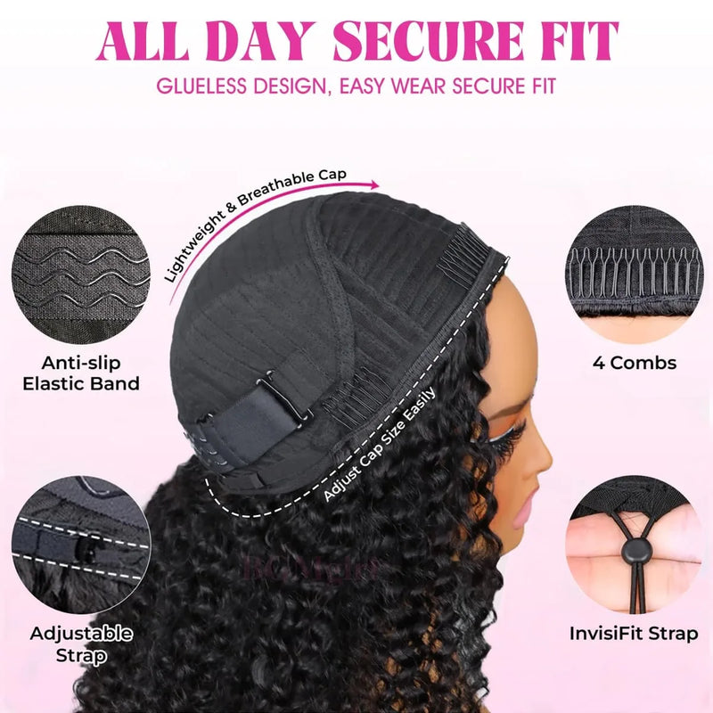 Burmese Curly 3 IN 1 Half Wigs Human Hair Wig Glueless Wigs Ready to Wear Half Wig Drawstring Clip Burmese Curly Hair Half Wig