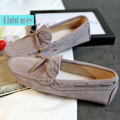 Cow leather womens shoes suede flats bow tie moccasins big size casual shoes size34-44