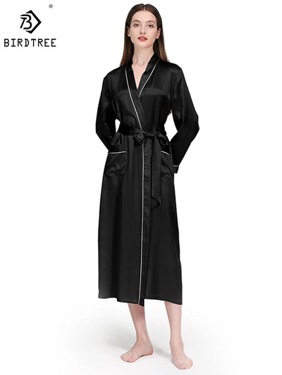 Birdtree 22 Momme 100%Pure Silk Long Robe for Women Silky | SAMAG