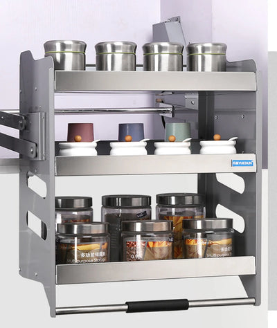 3 layers Wall Cabinet Lift Pull Basket Kitchen Stainless Steel Drawer Seasoning Bottle Storage Racks | SAMAG