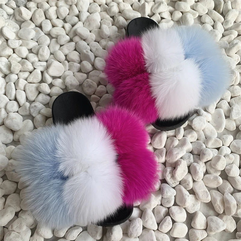 Fur Slides Factory Supply Mixed Color Pom Pom Six Balls Fox Fur Multi-Color Fluffy Fur Slippers For Women
