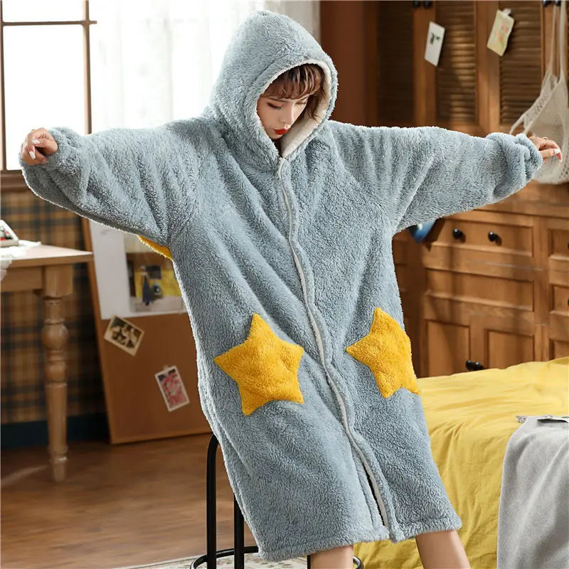 Winter Pajamas For Women Cartoon Hooded Long Robe Cute | SAMAG