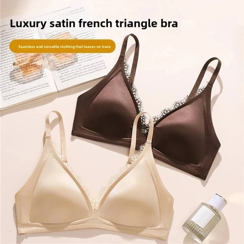 Ins Simple Satin Satin Wireless V Bra V Lace Neck Traceless Push Up Underwear Lingerie Solid Color Satin Lace Brassiere Running