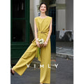 VIMLY Women's Yellow Two-piece Set 2026 Summer Round Neck Side Bow Tie Sleeveless Top Casual Fashion Wide Leg Long Pants A2370
