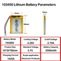 103450 3.7V 2500mAh Polymer Lithium Rechargeable Battery JST PH 2.0mm 2Pin Plug for Camera GPS Navigator MP5 Bluetooth Headset