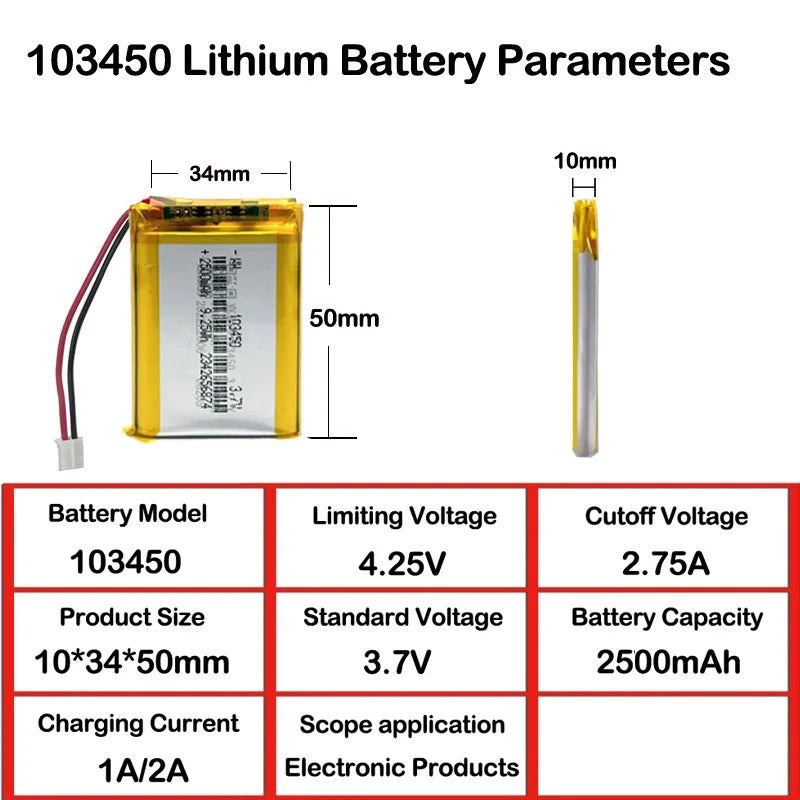 103450 3.7V 2500mAh Polymer Lithium Rechargeable Battery JST PH 2.0mm 2Pin Plug for Camera GPS Navigator MP5 Bluetooth Headset
