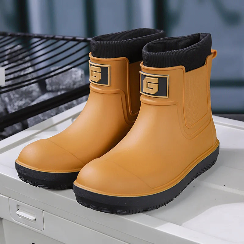 New Mens Rain Boots Outdoor Short Tube Sports Shoes Fishing Nonslip Work Garden Rubber Shoes Water Kitchen Ankle Shoes Keep Warm
