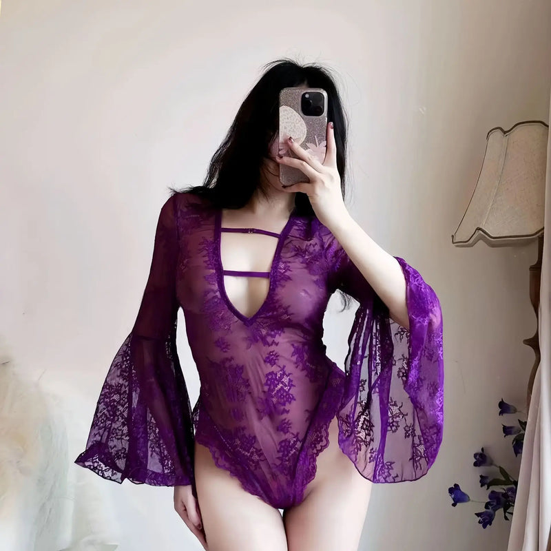Sexy Purple Lace Mesh Hollow Out Bodysuit Long Sleeves Deep V Neck Pure Desire Bodysuits Flower Embroidery Thin Charming 8O4B