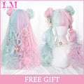 LM Medium Length Pink Cosplay Wig Heat Resistant Costume Party Synthetic Wigs 2 Clip On Ponytail 7 Colors