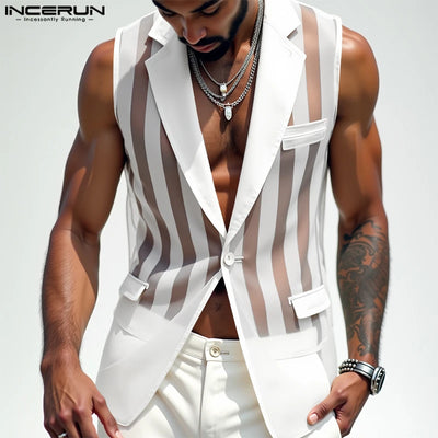 Men Vests Mesh Striped Transparent Sexy Lapel Sleeveless | SAMAG