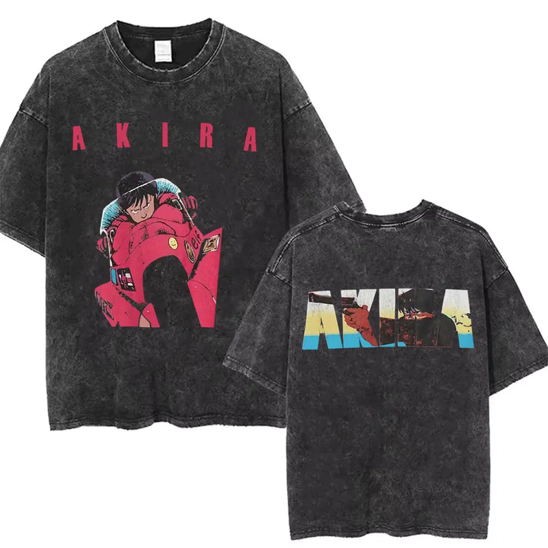 Washed Retro Japanese Anime Akira Print 100%Cotton Men Woment T-shirt Summer Autumn Daily Sports Party Casual Loose Short Sleeve