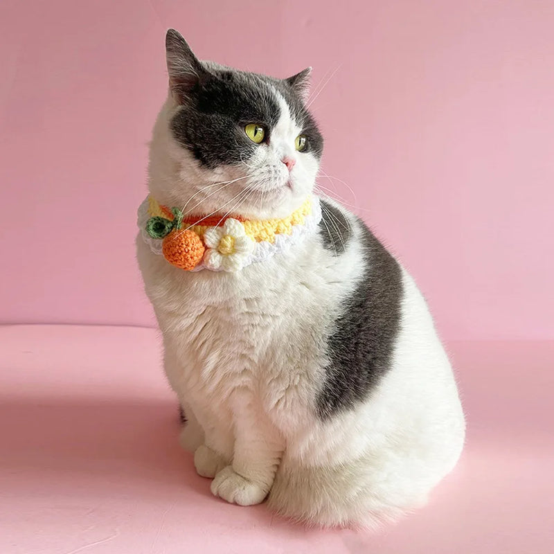 Cute Hand-Weaven Elastic Pet Scarf Adjustable Sweet Style Cat Dog Bow Tie Lightweight Plant Theme Knitted Pet Collar Pet Gifts