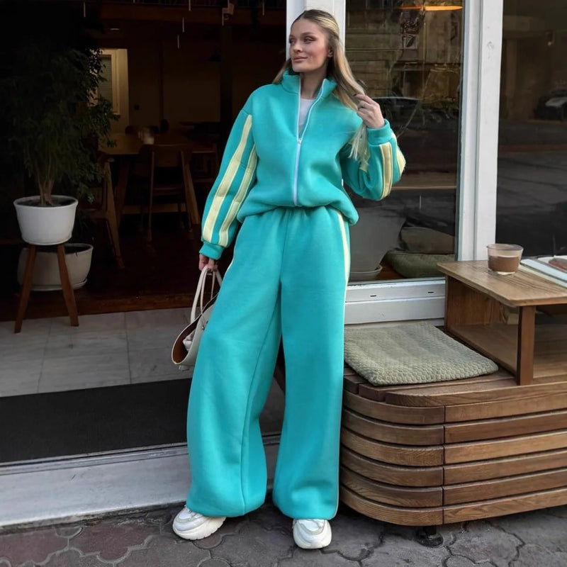 Women's Fashion Cotton Sport Tracksuit With Casual Pant Stripes Zipper Hoodies Cardigan High Waist Trouser 2 Piece Autumn Outfit