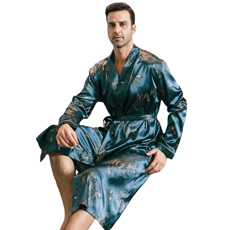 Pajama men's spring and autumn silk thin style oversized pajamas long sleeved bathrobes ice silk bathrobes home clothing summer