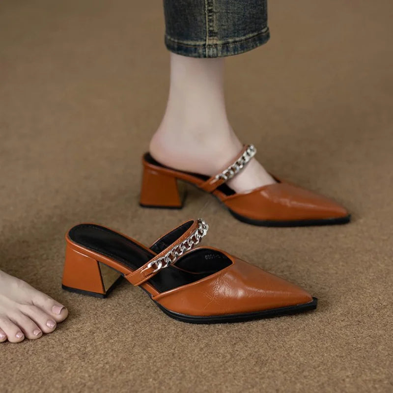 French Style Pointed Toe Chunky Heel V-Cut Mules with Chain Decor, Commute Versatile Comfortable Outdoor Wear Sandals for Women