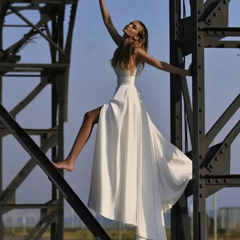 Customized Simple A - Line Wedding Dress Satin Side Slit - View 5 | SAMAG