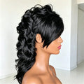 Fashion Style Short Mullet Pixie Cut Wig Natural Black Full Machine Made With Bangs Soft Smooth For Women Festival Party Daily