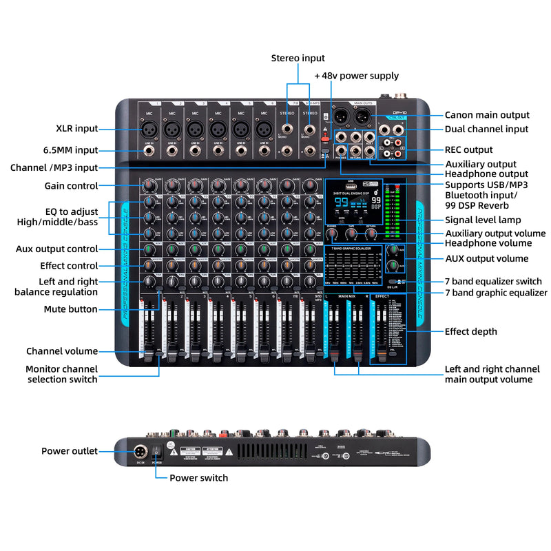 Debra DP-10 Audio Mixer DJ Controller 10-channel 99 DSP Reverb Recording Mixer with Bluetooth 5.0 Professional Performance