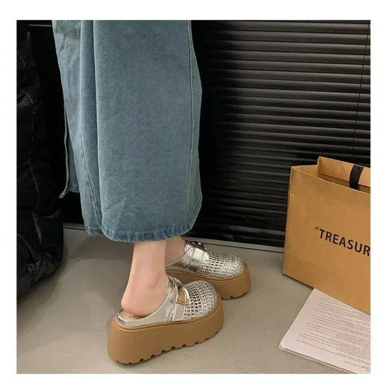 2026 Women's Chunky Platform Mules, Round Toe Hollow Slip-on Sandals, Retro Lug Sole Comfortable Height Boosting Shoes