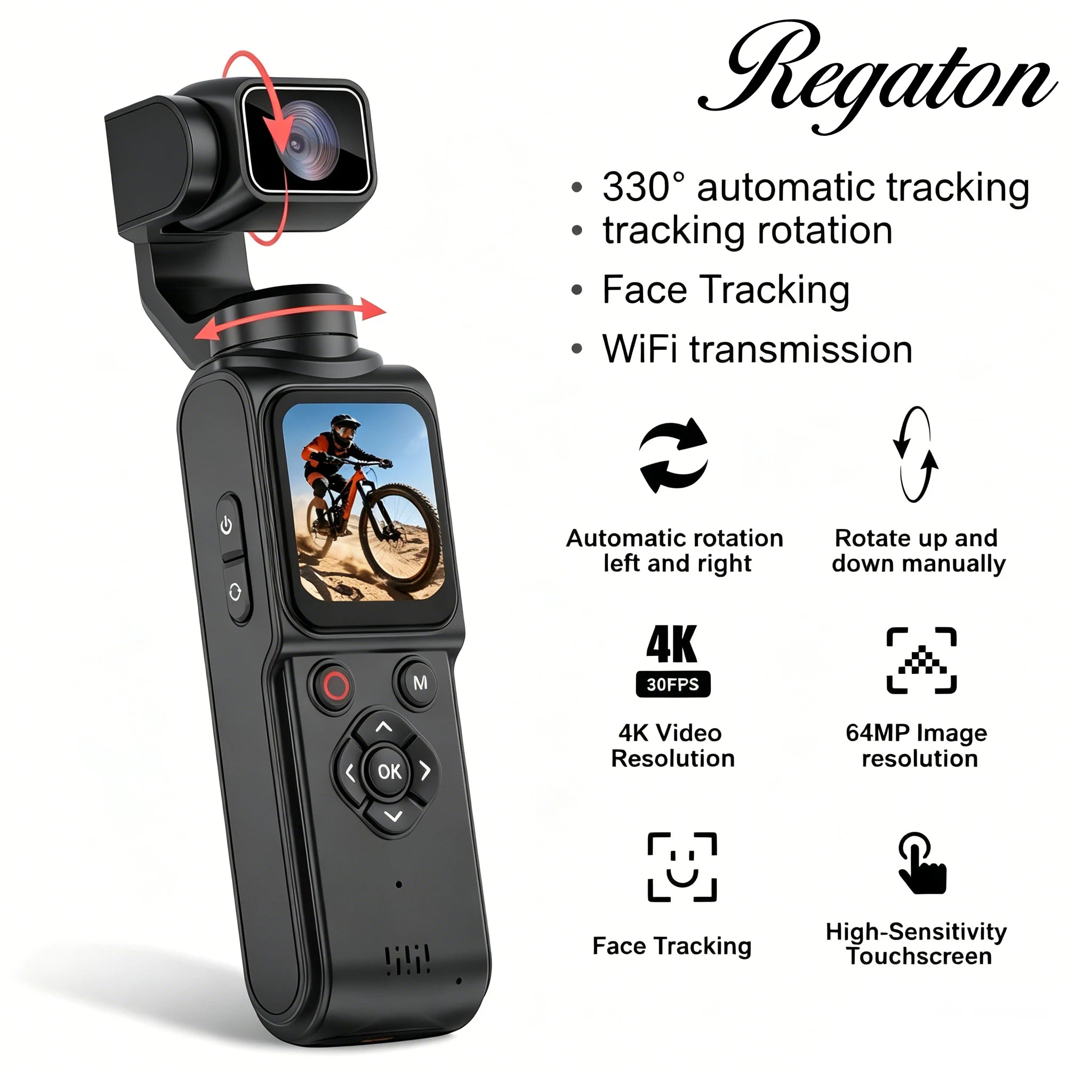 Regaton 4K Action Camera 330° Face Tracking Gimbal Stabilizer 1.72 Inch Touch Screen 64MP Pocket Digital Camera WiFi Sports DJ