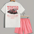 Men's Summer Coconut Tree Racing Printed Comfortable Breathable Round Neck T - shirt Drawstring Shorts Set - View 3 | SAMAG