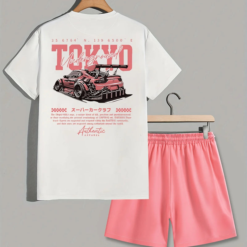 Men's Summer Coconut Tree Racing Printed Comfortable Breathable Round Neck T - shirt Drawstring Shorts Set - View 3 | SAMAG