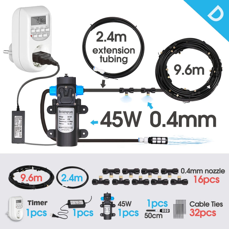 45W Pump 0.4MM Automatic Timing Cooling Watering System 6/9/12/18/21M Outdoor Garden Irrigation Kit Brass Mist Nozzles Sprayer