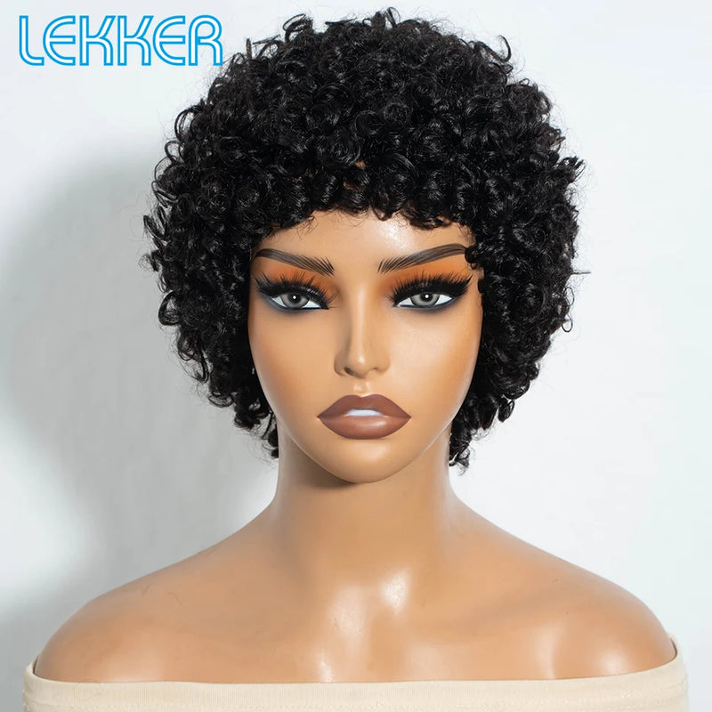 Lekker Black Short Pixie Cut Curly Bob 100% Human Hair Wigs For Women Brazilian Remy Hair Full Machine Made Glueless Daily Wigs