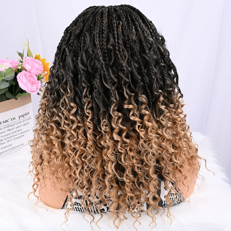 Short Boho Bohemian Box Braids Braided Wig Full Lace Boho Braided Wigs Synthetic Curly Hair with Baby Hair for Black Women