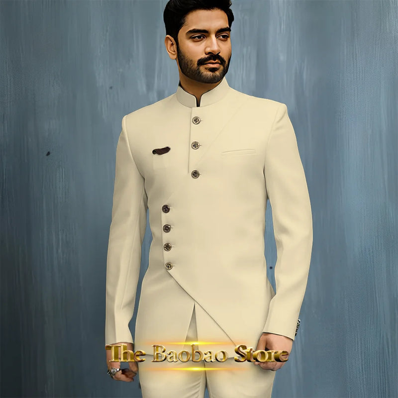 Matching Design Men's Suit 2pcs African/Indian Safiri Attire Customized Set with Gold Button for Wedding Party Formal Events