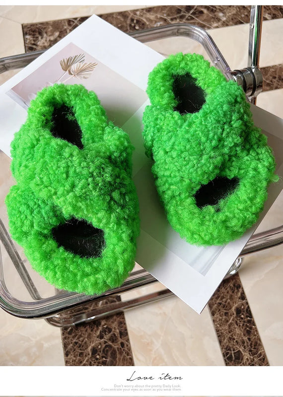 Real Wool Fur House Slippers Solid Color Cross Strap Fluffy Fur Slides Funny Comfortable Fuzzy Slippers Women's Shoes Trend 2026