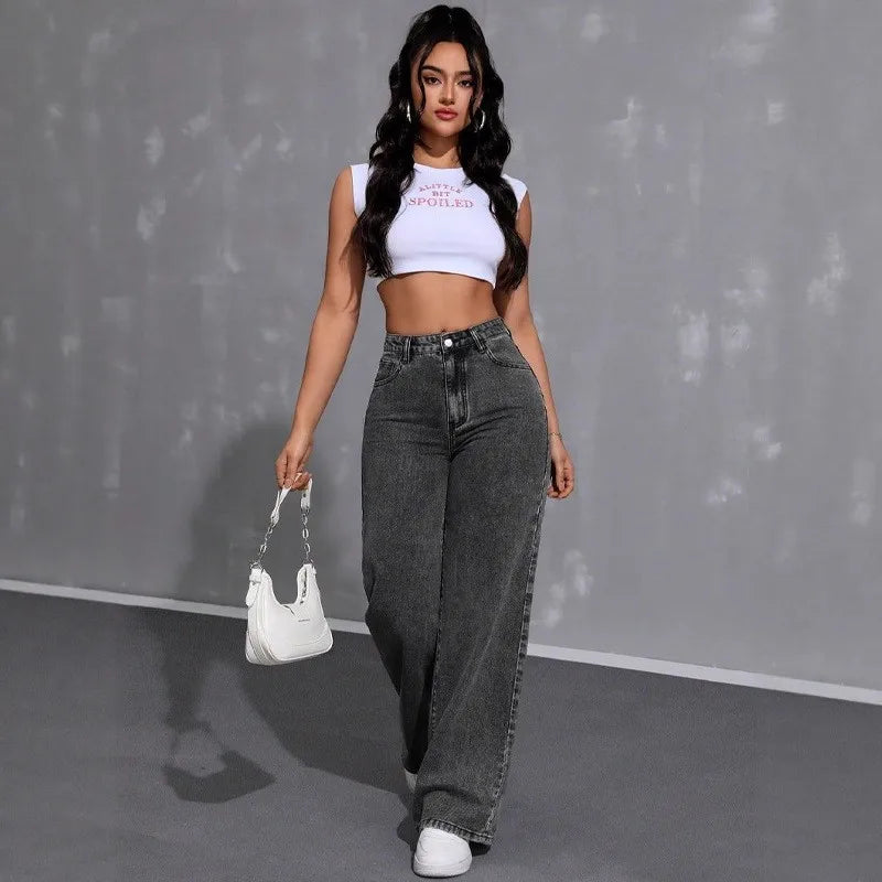 Jeans for Woman Y2k Jeans Loose Wide Leg Drag Ash Gray High Waist Vintage Streetwear Fashion Casual Trend 2025 Comfort Fit